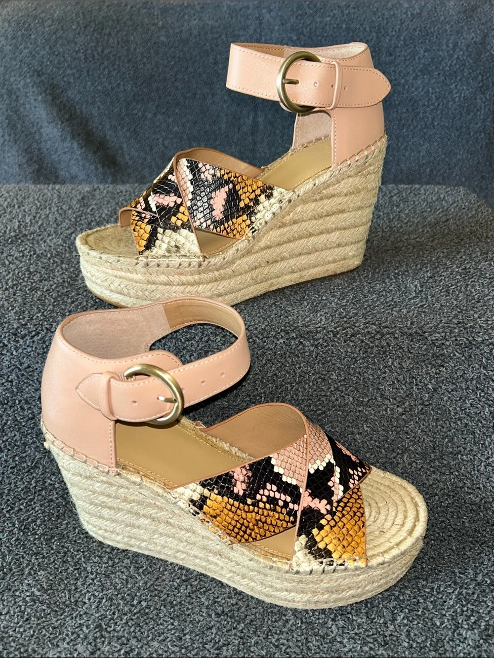 Marc Fisher Pink Ankle-Strap Espadrille Wedges with Snake-Print Straps